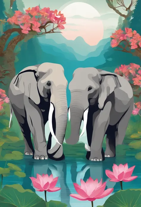 Two elephants in the forest, near the mountain, there is a pond, there are colorful lotus flowers in the pond. Vector in the style of art and architecture, Buddhism, Taxidermy, Surrealism. High resolution