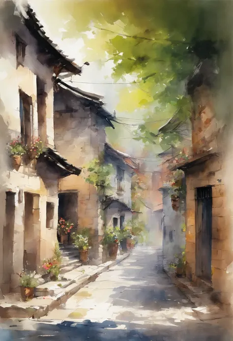 an oil painting of a street, a watercolor painting, by Yang Borun, trending on cg society, modern european ink painting, oil on canvas 4k, old village, smooth draw with oil painting