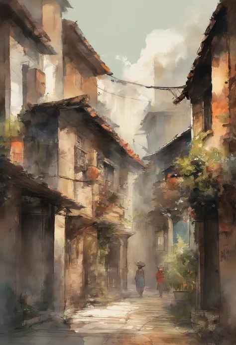 an oil painting of a street, a watercolor painting, by Yang Borun, trending on cg society, modern european ink painting, oil on canvas 4k, old village, smooth draw with oil painting