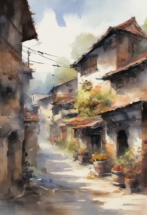 an oil painting of a street, a watercolor painting, by Yang Borun, trending on cg society, modern european ink painting, oil on canvas 4k, old village, smooth draw with oil painting