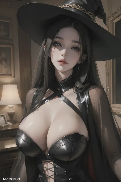 [(best quality,4k,8k,highres,masterpiece:1.2),ultra-detailed,(realistic,photorealistic,photo-realistic:1.37),dark theme, 1 women, witch, modern witch, black clothes, big breasts, cleavage, Korean, smiling, black and white colours.