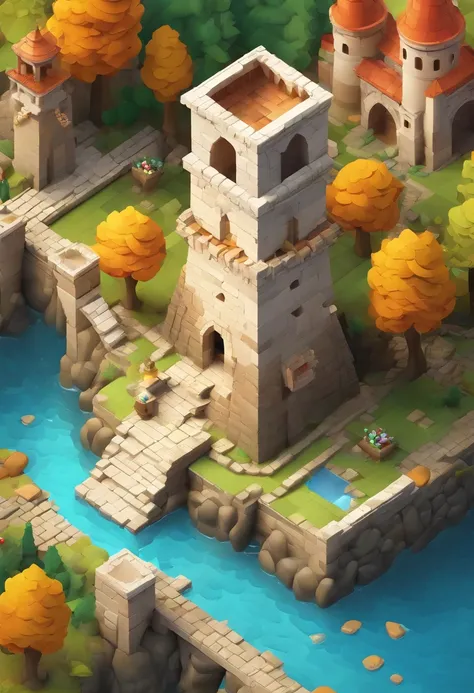 absurdres, best quality, fantasy, isometric, knolling style of fantasy world, a lot of water, flying angels around entrance to the tower(miniature brick round tower:1.2), tree, stone wall, (simple background:1.2)