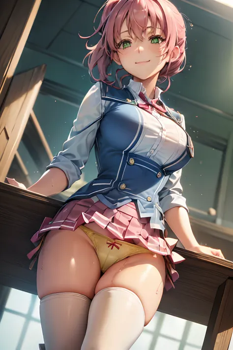 Juna Crawford, poneyTail, Green eyes, Big breasts,A pink-haired, (((Wet white shirt))), a blue skirt,Red Ribbon, knee boots, (((Exposed yellow panties))), A smile, embarrassed from, Adults, schools, from below looking up, ((tucking up the skirt)), ((Sheer ...