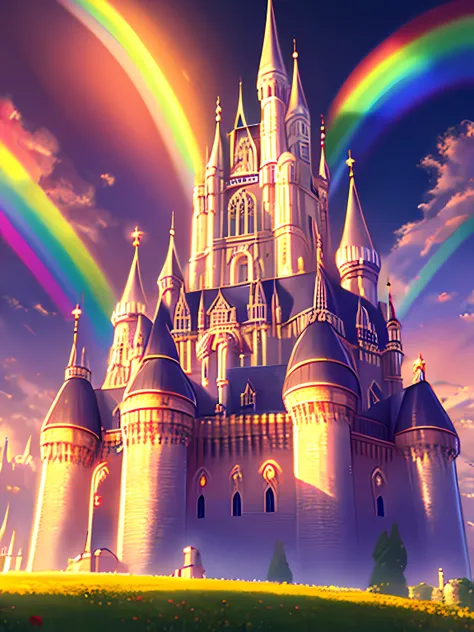 Big castle、busy、with light glowing、opulent、​masterpiece、Vivid、rainbows、Europe