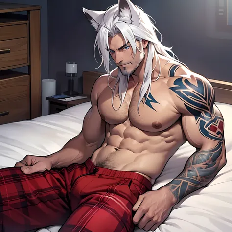 Muscular shirtless male wearing just a pair red plaid pants, has long white hair, has wolf ears, has light beard stubble, has wolf tail, solo, alone, (SOLO)(ALONE) shirtless, no shirt, (SHIRTLESS)(NO SHIRT), mystic backround, covered in tribal tattoos, blu...