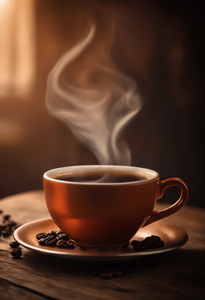 a cup of coffee, a faint smoke coming out indicating that the coffee is hot. Cinematic and high-definition lighting