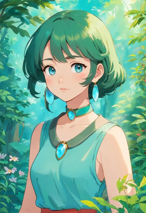 a girl wearing an anime collar, a long necklace and earrings, in the style of tranquil gardenscapes, colorful animation stills, masami teraoka, aquamarine, paul gauguin, Embry style, honest portrayal