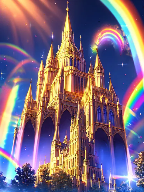 big castle、with light glowing、opulent、​masterpiece、vivid、rainbows、europe