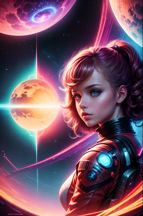 "80s sci-fi novel, striking cover art, young girl in space, cosmic adventures, starship, retro-futurism, neon lights, intense atmosphere, (otherworldly) landscape"