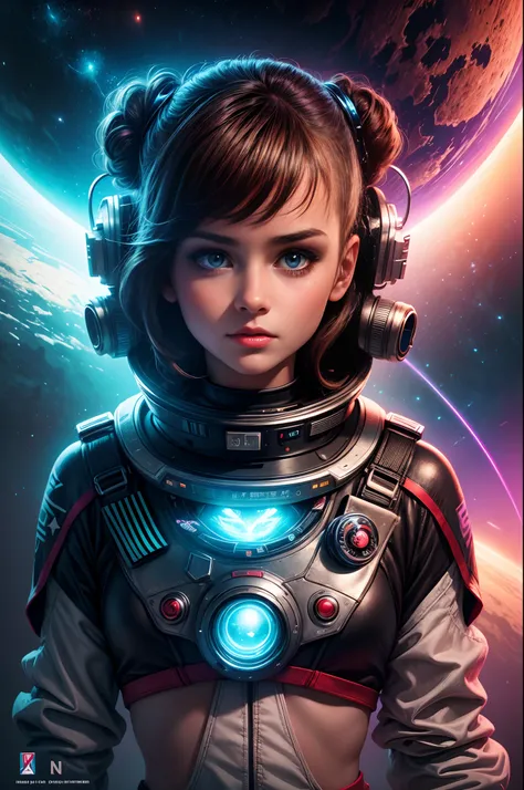 "80s sci-fi novel, striking cover art, young girl in space, cosmic adventures, starship, retro-futurism, neon lights, intense atmosphere, (otherworldly) landscape"