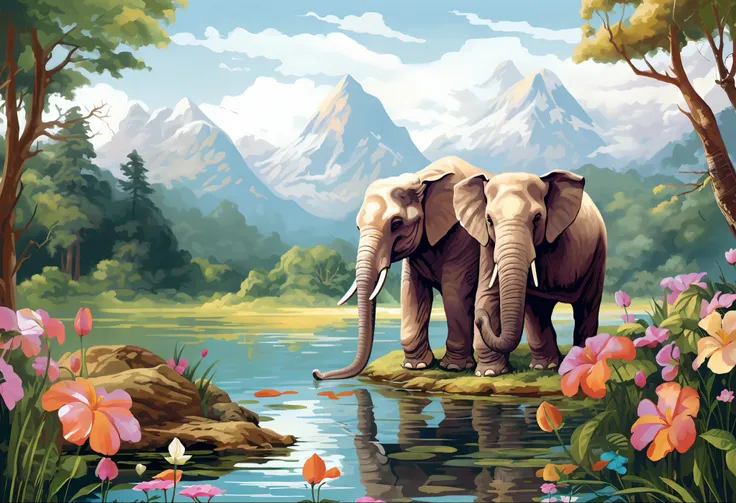 elephants standing in the water near a mountain range with flowers, elephants, majestic painting, animal painting, detailed beautiful animals, beautiful nature, colored elephant art, serene scene, beautiful painting of a tall, high quality digital painting...