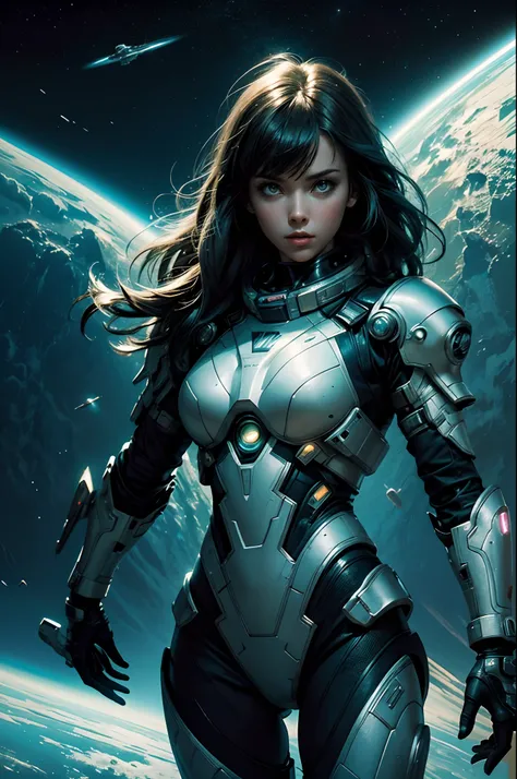 "Sci-fi book cover, girl in (space armor), futuristic setting, retro-futuristic aesthetics, dynamic pose, (luminous glow), 80s sci-fi nostalgia, striking visuals"