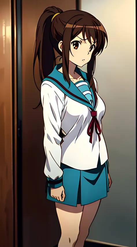 kyoani style, anime style, standing girl, 1 girl, solo, 1 schoolgirl, full body, (front view:1.2), brown hair, ponytail hairstyl...