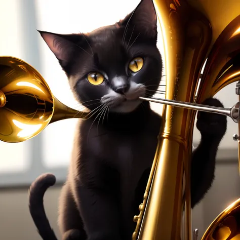 Black cat with yellow eyes playing trombone