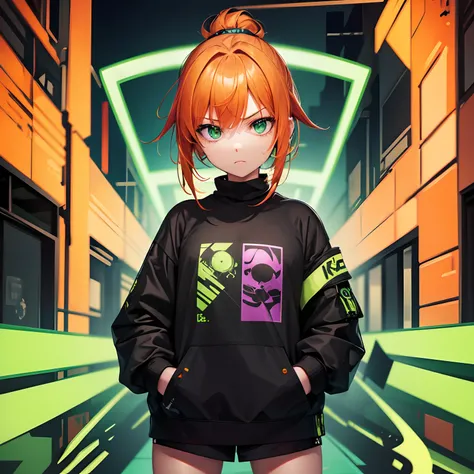 Ciberpunk, luzes neon green,1girl,corpo inteiro, hands in a pocket, orange hair,sardas, Blue iris,beco de rua, olhando para o telespectador, expression serious, roupas ciberpunk