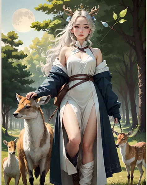 silly, highs quality, A highly detailed, 巨作, Zodiac Sign Cancer , Greek mythology, Artemis, Goddess of Hunt, Moon,  Young woman and athlete, In the company of wild animals and carrying a bow and arrows. Wear a short fishing jacket or flowing dress suitable...