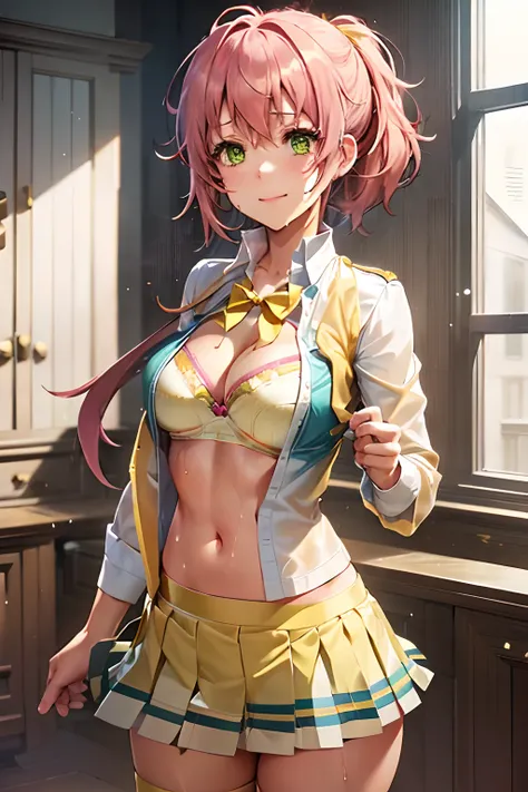Juna Crawford, poneyTail, Green eyes, Big breasts,A pink-haired, ((((Wet and yellow underwear shows through)))), (((((White shirt))))), ((((a blue skirt)))), knee boots, ((((Yellow bra)))), ((Yellow panties)), A smile, embarrassed from, Adults, dress room,...