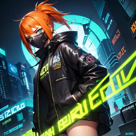 Cyberpunk, luzes neon green,1girl,corpo inteiro, hands in a pocket, orange hair,sardas, Blue iris,beco de rua, olhando para o telespectador, expression serious, roupas ciberpunk, adulto,30 anos, Cyberpunk mask