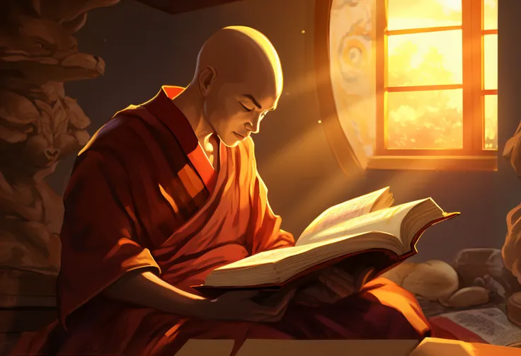 arafed monk reading a book in a room with a window, concept art of a monk, monk meditate, monk, 2 1 st century monk, buddhist monk, portrait of monk, buddhist, ancient japanese monk, buddhist monk meditating, enlightenment, fisting monk, monk clothes, aang...