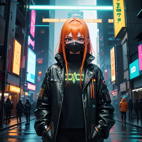 Cyberpunk, luzes neon green,1girl,corpo inteiro, hands in a pocket, orange hair,sardas, Blue iris,beco de rua, olhando para o telespectador, expression serious, roupas ciberpunk, adulto,30 anos, cyberpunk mask