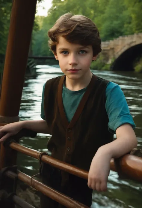 Thirteen-year-old boy, brunet, Cyan eyes, pale skin, On the bridge of the river