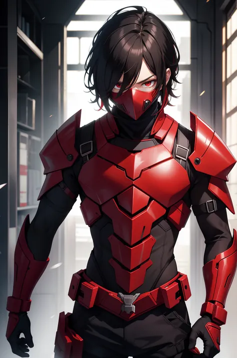 solo male, red armor, red eyes, black hair, covered face, slim, science fiction