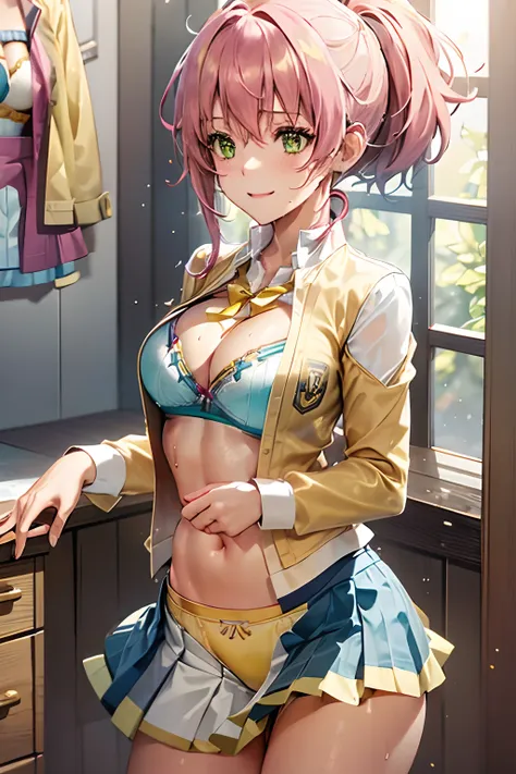 Juna Crawford, poneyTail, Green eyes, Big breasts,A pink-haired, ((((Wet yellow underwear shows through)))), (((((White shirt))))), ((((a blue skirt)))), knee boots, ((((Yellow Bra)))), ((Yellow panties)), A smile, embarrassed from, Adults, dress room, Tak...