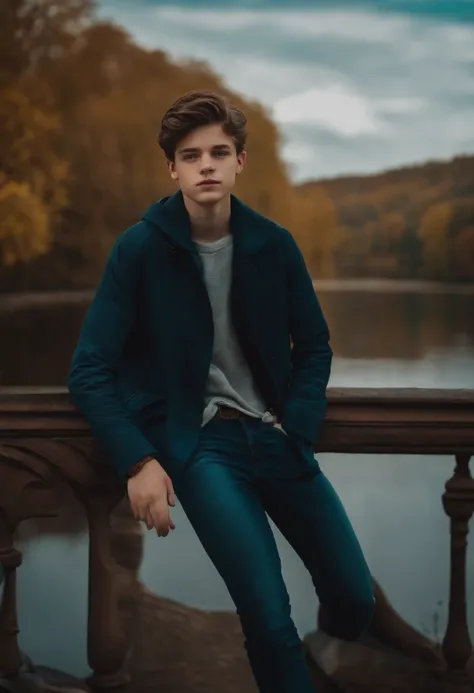 Fifteen-year-old boy, brunet, Cyan eyes, pale skin, On the bridge over the river