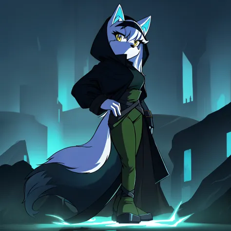 Female, mobian, wolf, 1girl, solo, looking at viewer, serious, black and green Jedi like attire, black hooded cape, futuristic city background, holding green lightsaber, red fur, tan skin, long hair, yellow irises, black leggings, wolf tail, spiked up hair...