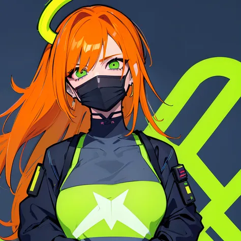 Cyberpunk, luzes neon green,1girl,corpo inteiro, hands in a pocket, orange hair,sardas, Blue iris,beco de rua, olhando para o telespectador, expression serious, roupas ciberpunk, adulto,30 anos, cyberpunk mask