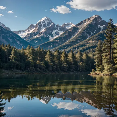 The image features a beautiful mountain lake surrounded by tall trees and majestic mountains. The lake is a deep blue color, and the reflection of the mountains can be seen on its surface. The scene is serene and picturesque, with the mountains towering ov...