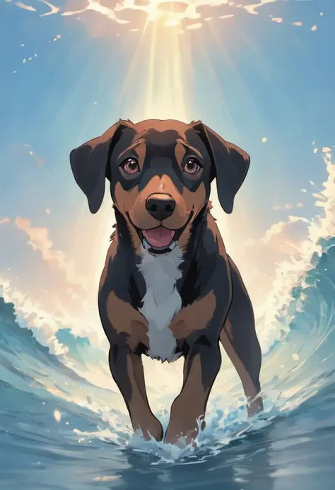 Doberman dog standing on 4 legs in water near the seashore. Splashing waves, Reflections of the water, rays of sunshine, beautiful clouds