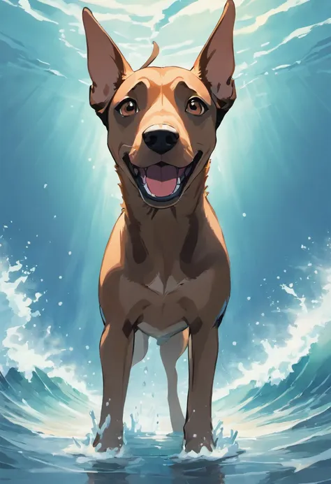 Doberman dog standing on 4 legs in water near the seashore. Splashing waves, Reflections of the water, rays of sunshine, beautiful clouds