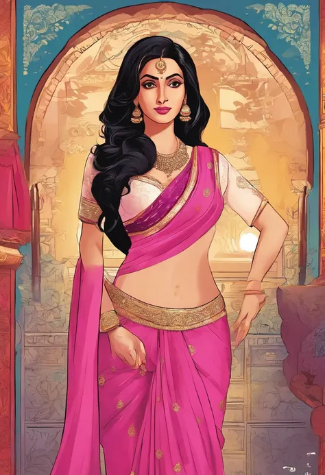 Renowned Indian actress sridevi kapoor at the age of 40 wearing a provocative pink saree is copulating with a man in black suit at his office cabin,(full body image),(navel visible),(cleavage),(NSFW:1.3)