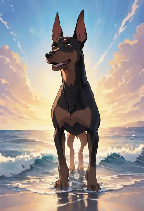 Doberman, standing on 4 legs in the water near the seashore. Splashing waves, Water reflections, rays of sunshine, Beautiful clouds and sunset