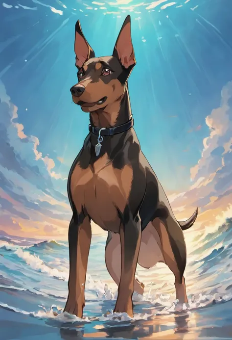 Doberman, standing on 4 legs in the water near the seashore. Splashing waves, Water reflections, rays of sunshine, Beautiful clouds and sunset