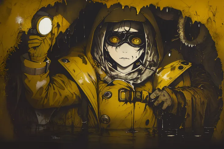 masterpiece, best quality, 1girl, (closeup),(yelow coat, goggles), (serious, dirty face, dirty clothes), in a flooded subway, (f...