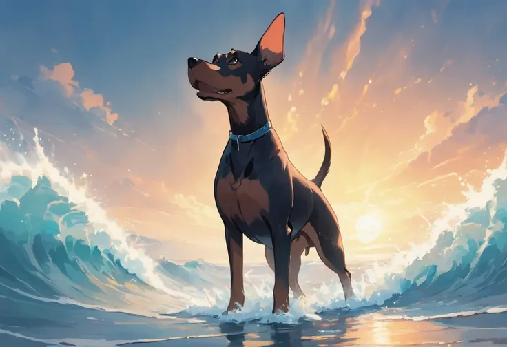 Adult Doberman Dog, standing on 4 legs in the water near the seashore. Splashing waves, Water reflections, rays of sunshine, beautiful clouds