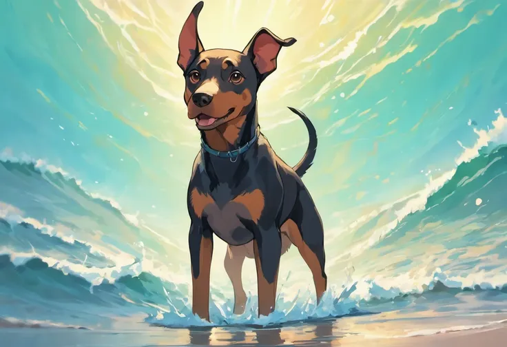 Adult Doberman Dog, standing on 4 legs in the water near the seashore. Splashing waves, Water reflections, rays of sunshine, beautiful clouds