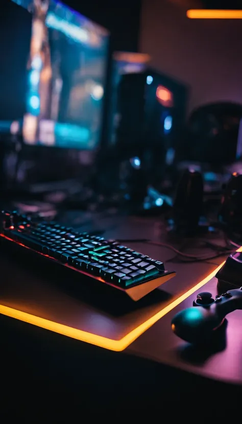 Gaming setup for streamers with neon lights in the best resolution without humans