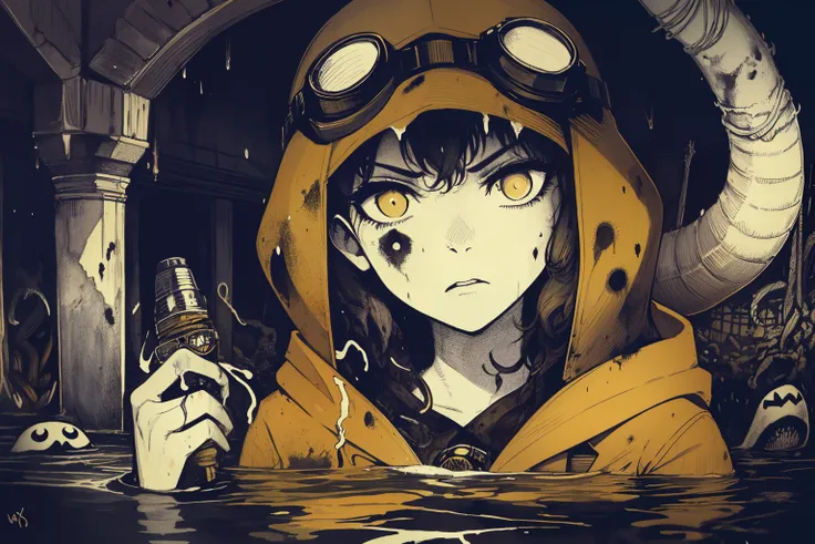 masterpiece, best quality, 1girl, (closeup),(yelow coat, goggles), (serious, dirty face, dirty clothes), in a flooded subway, (facing a monster worm: in a flashlight beam, 1.1), ruins, very dark, watercolor, sketch