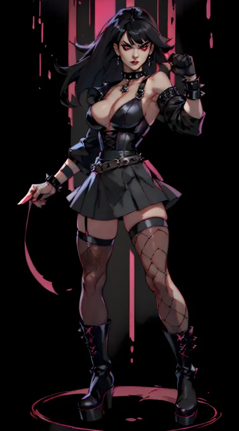 Goth Woman, pale skin, long straight black hair with bangs, choker with spikes, black clothes, black mini dress, black gloves, big breasts, thin waist, wide hips, attractive face, fighting pose, black gloves, black platform boots, black corset, black blous...