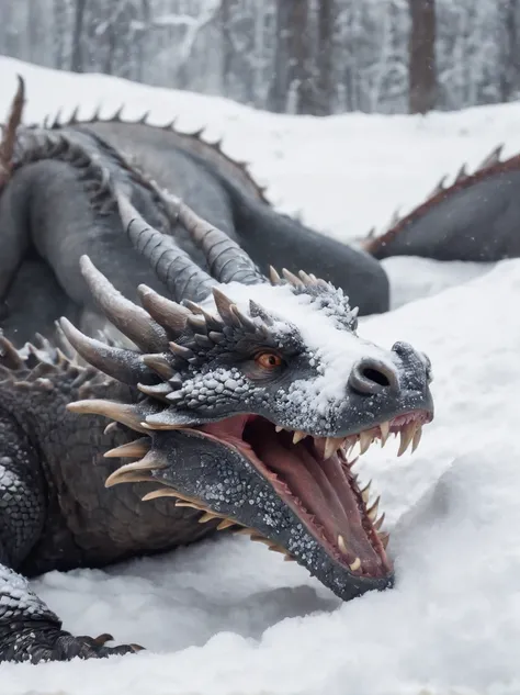 The dragon sleeps in the snow, curled up in a kolachik,lying on its belly, The head lies on the snow