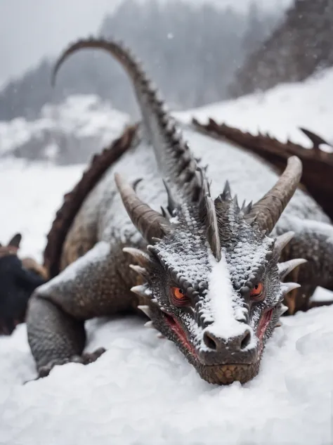 The dragon sleeps in the snow, curled up in a kolachik,lying on its belly, The head lies on the snow