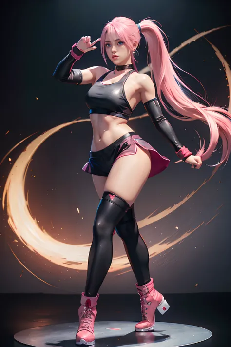 1girl, (blue eyes), (long ponytail pink hair), (black short legging), (white sport bra), (red glove), (red high heel boots), (gold hoop earring), Characters in fighting games, Full-body single character, ( ( Character concept art ) ), female anime characte...