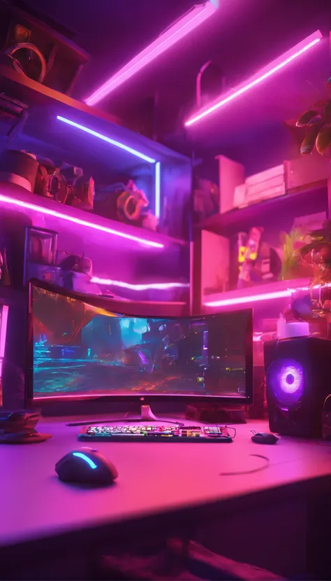 Gaming setup for streamers with neon lights in the best resolution without humans