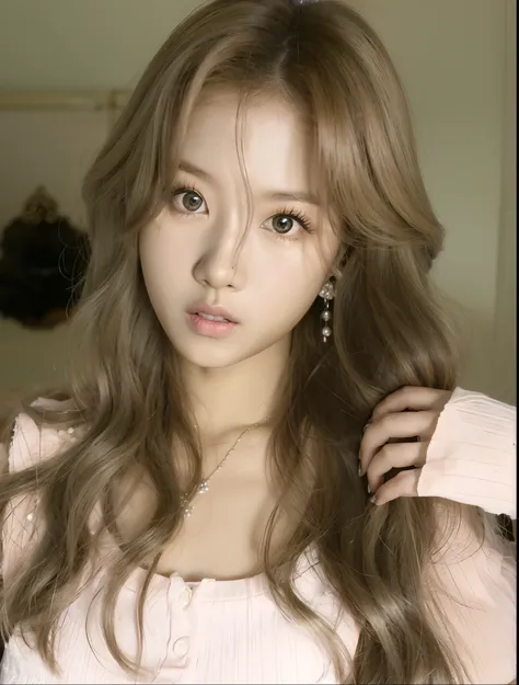 um close up de uma mulher com cabelos longos vestindo uma camisa rosa, ulzzang, lalisa manobal, maquiagem sul-coreana popular, m...