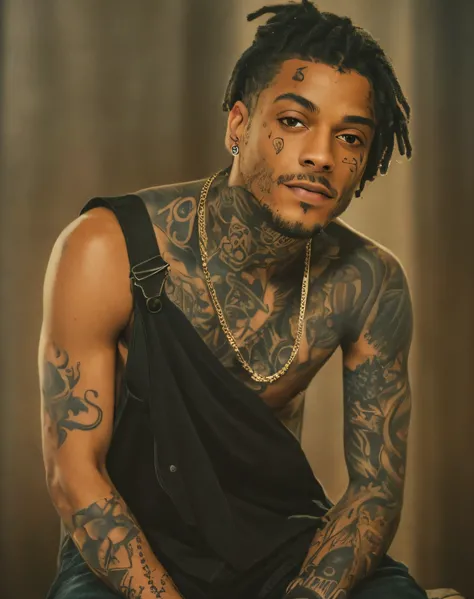 A closeup of a man with tattoos on his arms and chest, xxxtentacion, taken in the early 2020s, ✏️🎨, com tatuagens, Coberto, goodlooking, Wiz Khalifa, Arms covered in gang tattoo, Tiroteio de Sakuga, Tatuado, com tatuagem facial, Deiv Calviz, Estilo de Seb ...