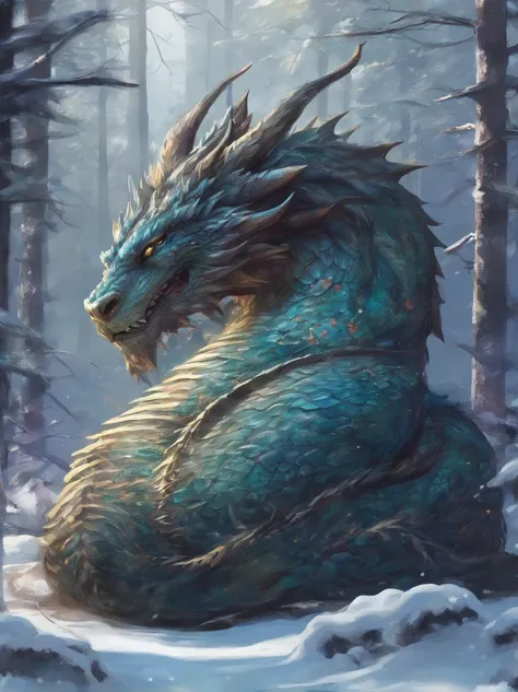 The dragon sleeps in the forest, curled up in a kolachik,lying on its belly, The head lies on the snow