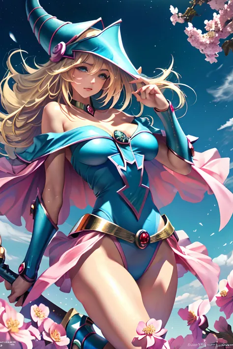 Dark magician gils ((mejor calidad)), ((obra maestra)), (detallada), rubia, smal boobs, smal boobs, seductive succubus, Ethereal Beauty, Perched on a pink flowering tree, (Fantasy Illustration: 1.3), mirada encantadora, cautivadora pose, chica dark magicia...